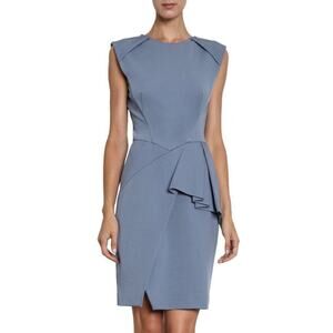 J. Mendel Sheath Faux Wrap Dress Blue Sleeveless Pleat Fold Crew Neck Zi…